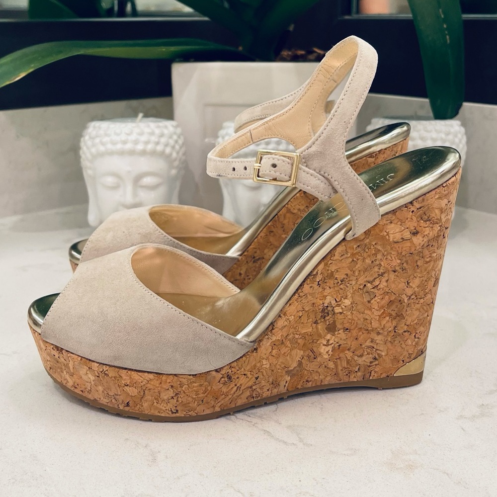Jimmy Choo Beige Suede Cork Platform Wedge Sandals